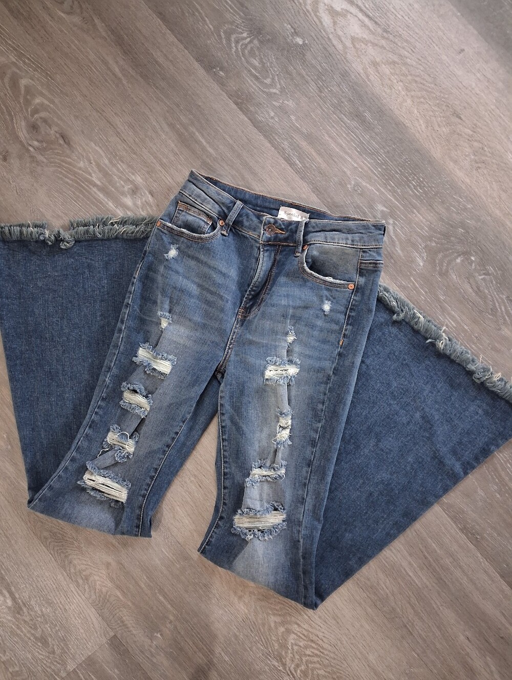 VICI SPECIAL A HIGH RISE DISTRESSED BIG BELL FLARE LEG DENIM BLUE JEANS 28 | 5